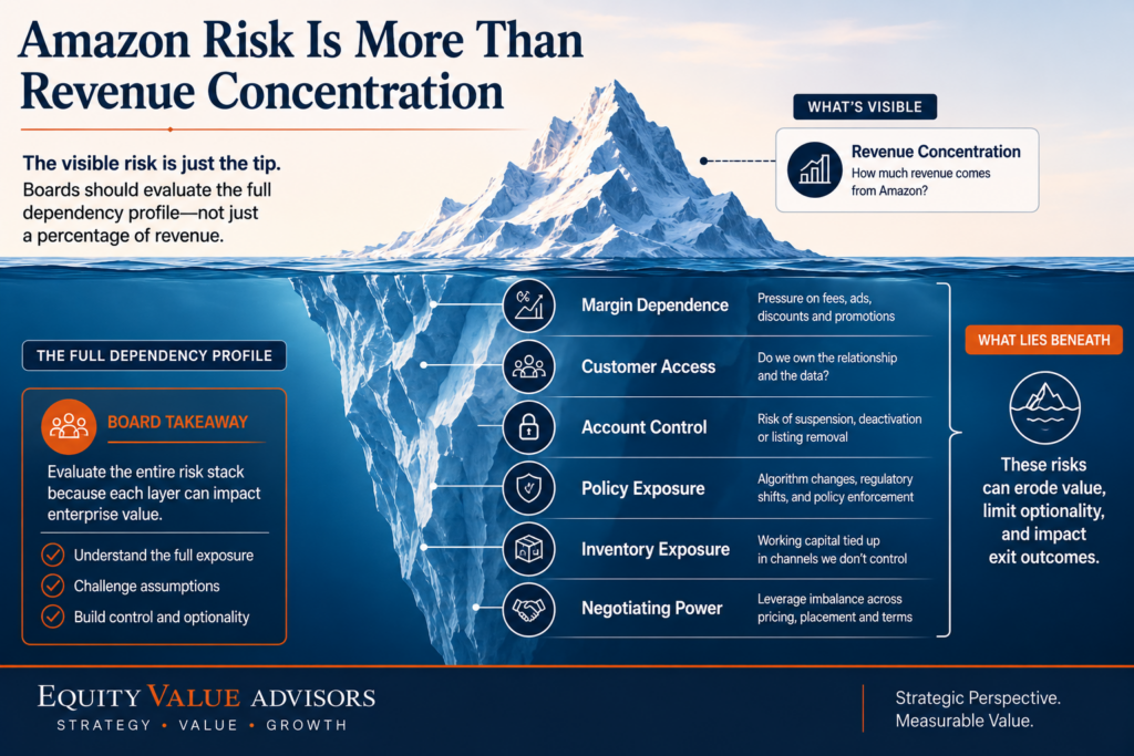 Amazon risk iceberg showing revenue concentration above the surface and margin, customer access, account control, policy and inventory risks below.