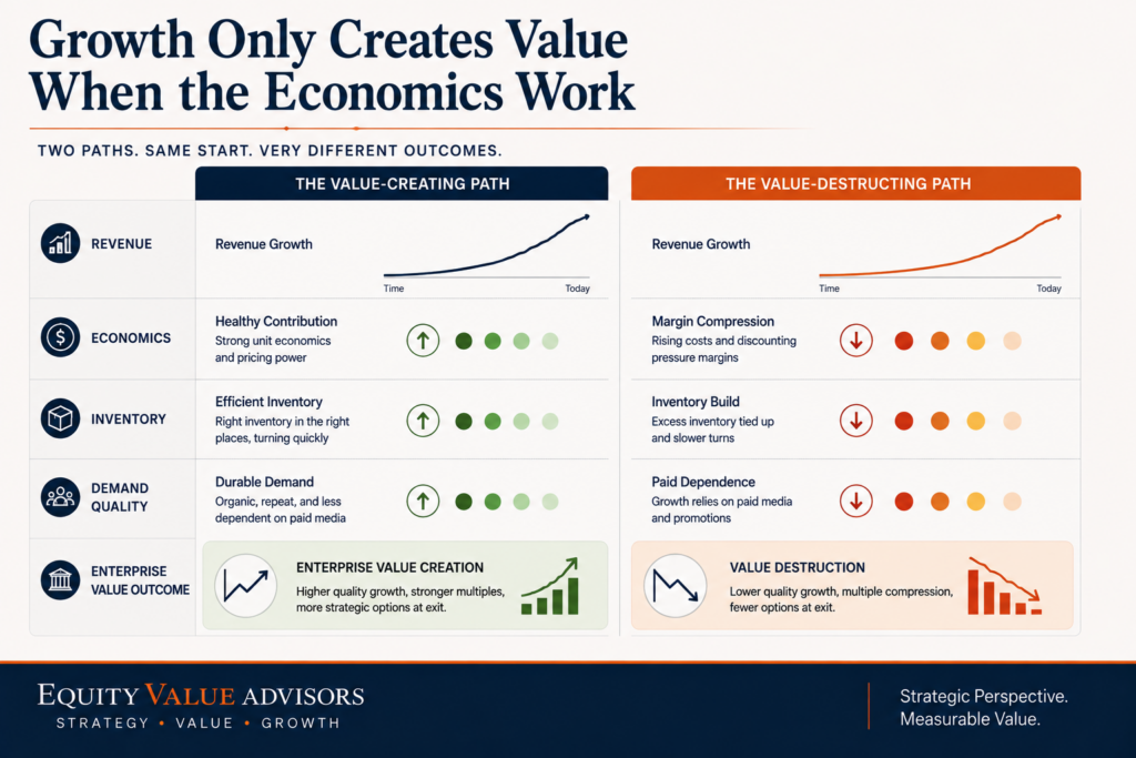 Two ecommerce growth paths showing healthy economics creating enterprise value while weak margins and inventory build destroy value.