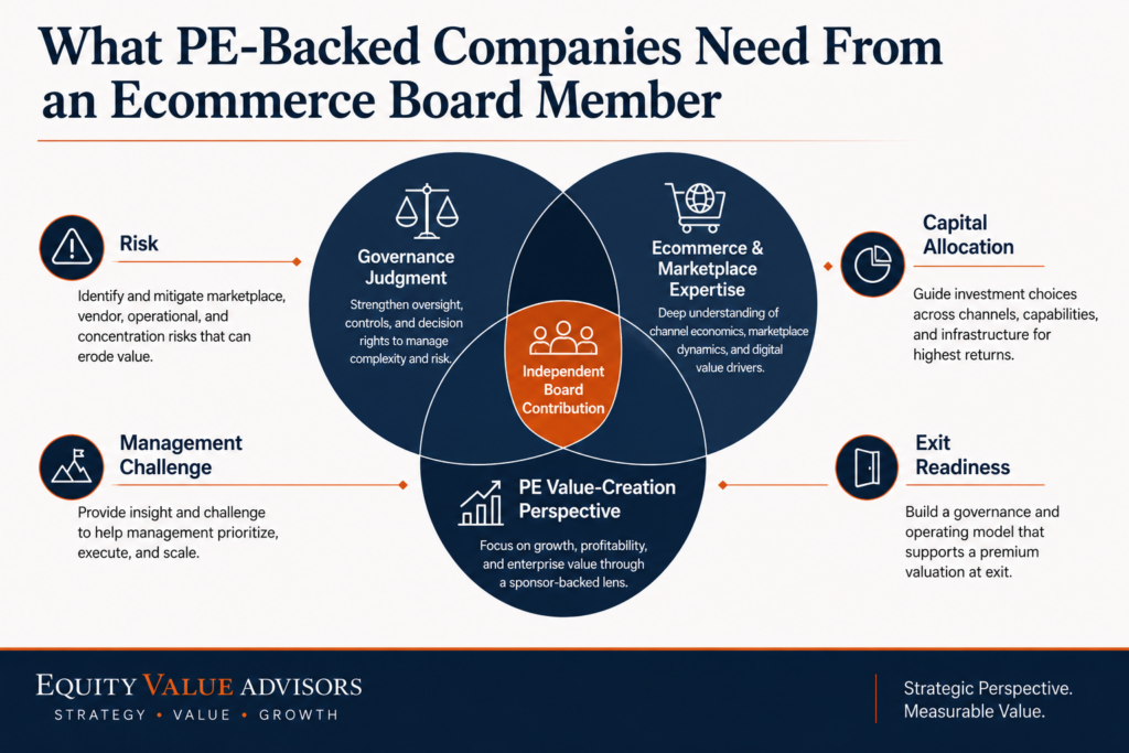 Three-part board framework combining governance judgment, ecommerce expertise and private-equity value-creation perspective.