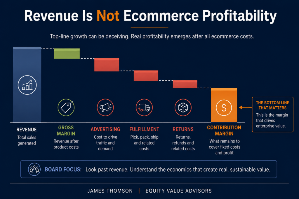 Waterfall from revenue through gross margin, advertising, fulfillment and returns to contribution margin.