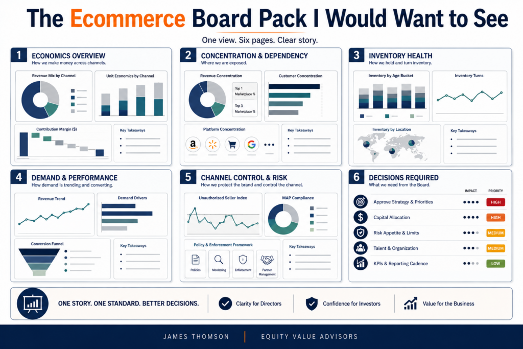 Six-page ecommerce board pack covering economics, concentration, inventory, demand, channel control and decisions required.